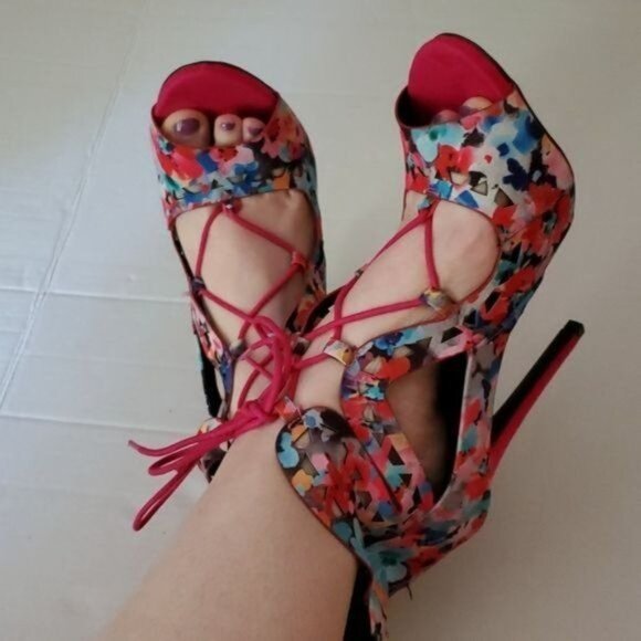 STILETTO HEELS PUMPS SHOES Pink Floral Peep Toe Lace Up Qupid Women's WOMAN'S 10 - Picture 14 of 16